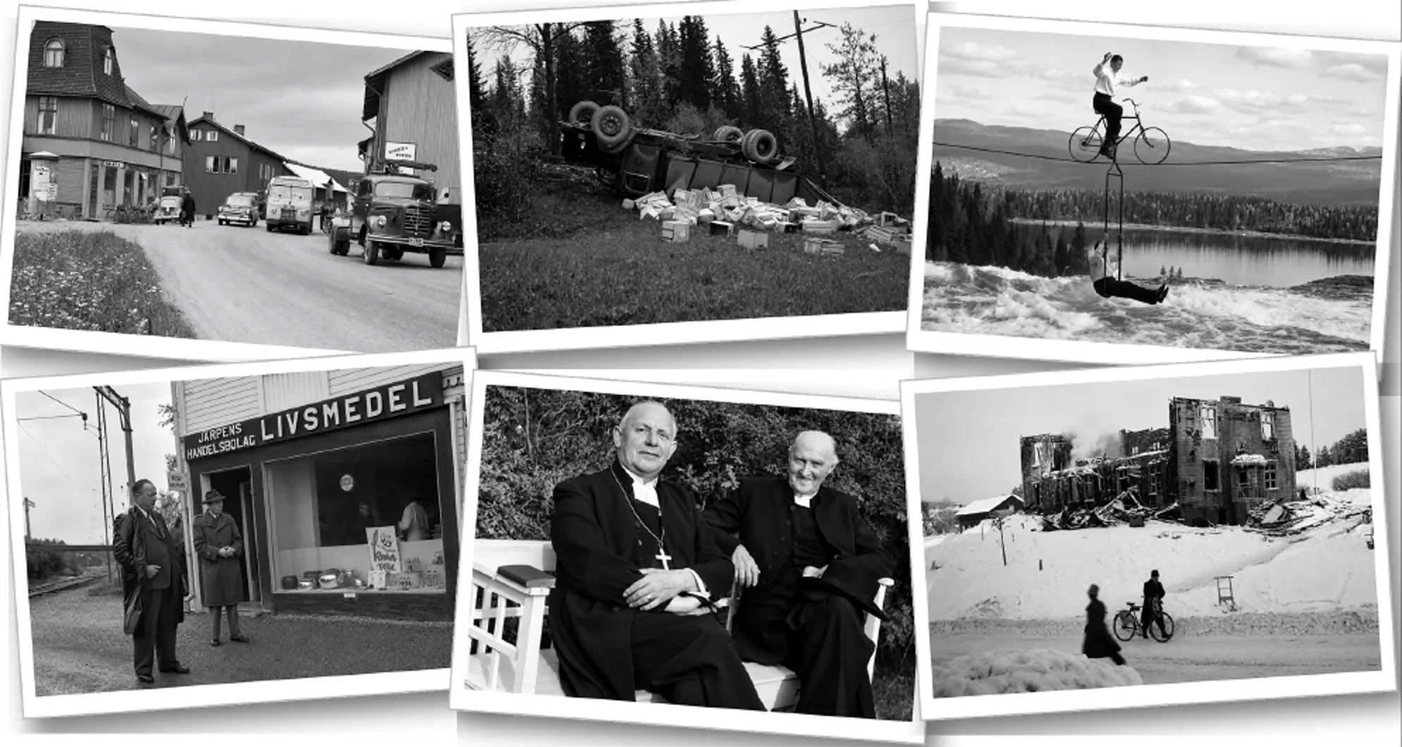 Sex historiska fotografier från Järpen med människor, fordon och byggnader